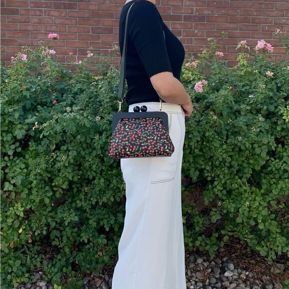 Handmade Genuine Leather Cherry Print Wooden Frame Bag/Crossbody & Small Purse - Picture 4 of 16